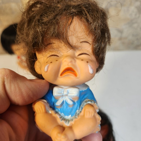 Vintage Hong Kong Moody Cutie Vinyl Dolls Set of 3 Crying Grumpy Pouting 3.5in - Picture 4 of 7
